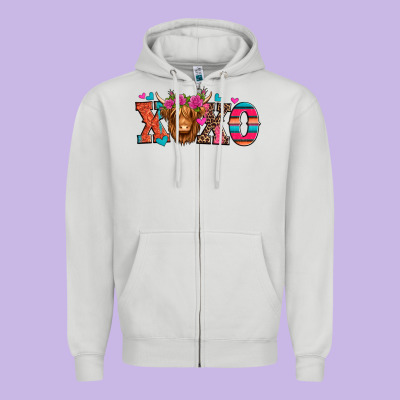 Xoxo Valentine's Day Highland Cow Zipper Hoodie Designed By Jasminsmagicworld