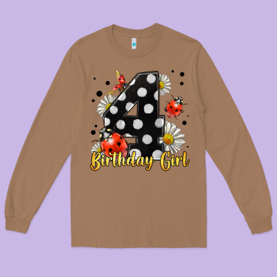 Ladybug Birthday Girl Age 4 Long Sleeve Tee Designed By Lillyallendesigns