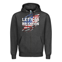 Charcoal Heather Let's Go Brandon Ripped Cloth with American Flag Zipper Hoodie - Jasminsmagicworld