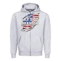 Heather Grey Let's Go Brandon Ripped Cloth with American Flag Zipper Hoodie - Jasminsmagicworld