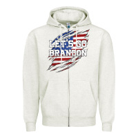Oatmeal Heather Let's Go Brandon Ripped Cloth with American Flag Zipper Hoodie - Jasminsmagicworld