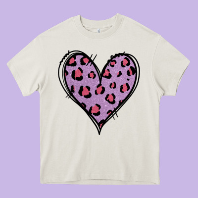 Glitter Purple Leopard Heart Heavy Core Tee Designed By Jasminsmagicworld
