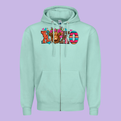 Xoxo Valentine's Day Highland Cow Zipper Hoodie Designed By Jasminsmagicworld