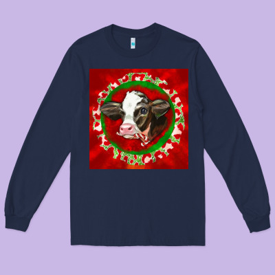 Christmas Holstein Calf Face Long Sleeve Tee Designed By Lillyallendesigns