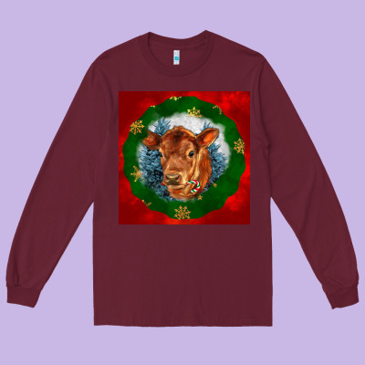 Christmas Red Angus Calf Head Long Sleeve Tee Designed By Lillyallendesigns