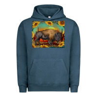 Pigment Midnight Navy western bison with sunset background Urban Hoodie - RanaPortraitStore