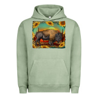 Pigment Oil Green western bison with sunset background Urban Hoodie - RanaPortraitStore