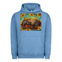 Pigment Pebble Blue western bison with sunset background Urban Hoodie - RanaPortraitStore