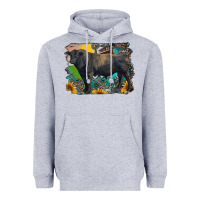 Heather Grey black angus bull with aztec and farm background Heavyweight Hoodie - RanaPortraitStore