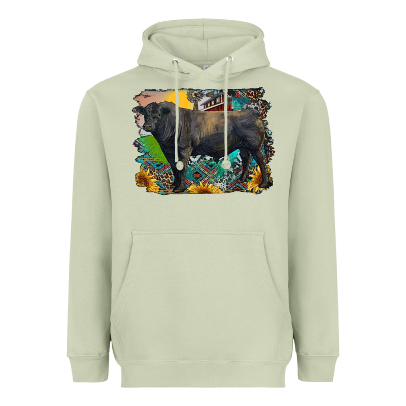 Black Angus Bull With Aztec And Farm Background Heavyweight Hoodie by RanaPortraitStore | Teevron