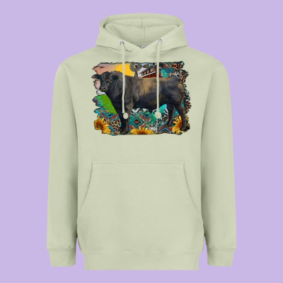Black Angus Bull With Aztec And Farm Background Heavyweight Hoodie Designed By Ranaportraitstore