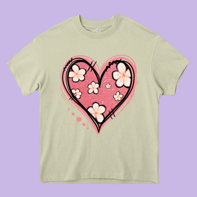 Floral Pink Glitter Heart Heavy Core Tee Designed By Jasminsmagicworld