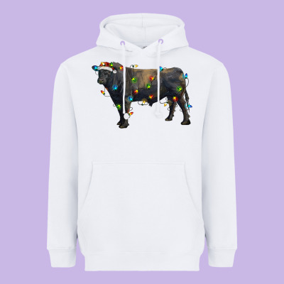 Christmas Black Angus Bull With Christmas Lights Heavyweight Hoodie Designed By Ranaportraitstore