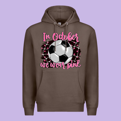 In October We Wear Pink Soccer Premium Hoodie Designed By Barkaloodesign