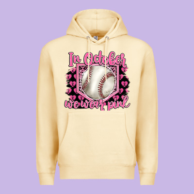 In October We Wear Pink Baseball Premium Hoodie Designed By Barkaloodesign