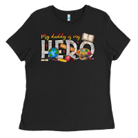 Black My Daddy is my Hero Teacher Ladies Tee - CowhideDigitalArt