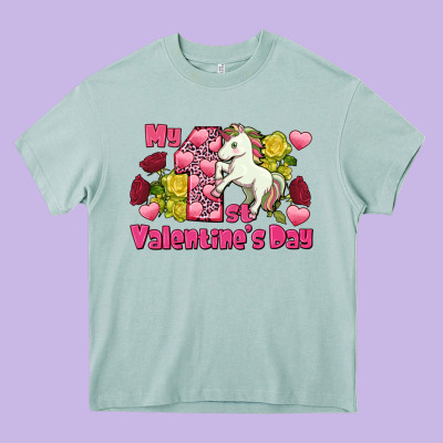 My First Valentine's Day Unicorn Heavy Core Tee Designed By Fadigitalartstudio