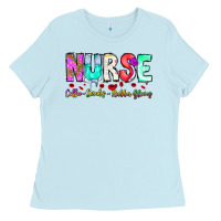 Baby Blue Nurse Coffee Scrubs Rubber Gloves Ladies Tee - CowhideDigitalArt