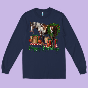 Happy Holidays Mustang Horse Long Sleeve Tee Designed By Lillyallendesigns