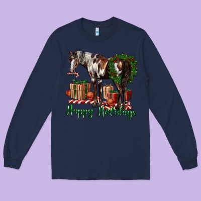 Happy Holidays Mustang Horse Long Sleeve Tee Designed By Lillyallendesigns
