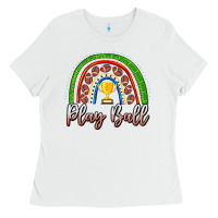 White Play Ball Football Rainbow Ladies Tee - CowhideDigitalArt