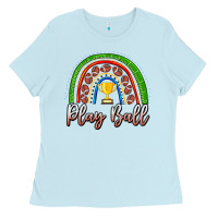 Baby Blue Play Ball Football Rainbow Ladies Tee - CowhideDigitalArt