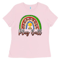 Bubblegum Pink Play Ball Football Rainbow Ladies Tee - CowhideDigitalArt