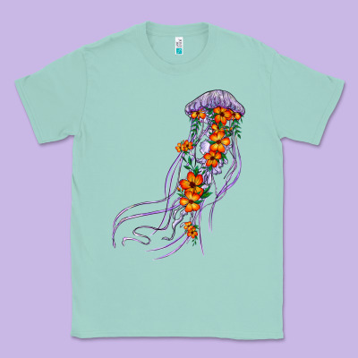 Light Purple Jellyfish And Floral Classic Tee Designed By Barkaloodesign