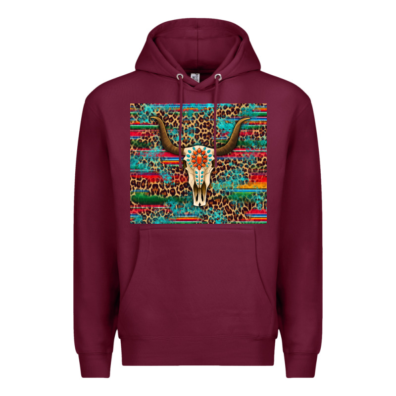 Western Serape Leopard Bull Skull Turquoise Premium Hoodie by Artiststas | Teevron