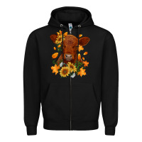 Black fall red angus calf dried leaves and sunflowers Zipper Hoodie - RanaPortraitStore