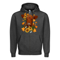 Charcoal Heather fall red angus calf dried leaves and sunflowers Zipper Hoodie - RanaPortraitStore