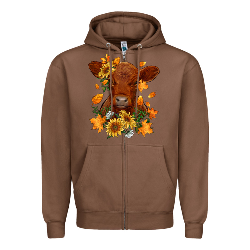 Fall Red Angus Calf Dried Leaves And Sunflowers Zipper Hoodie by RanaPortraitStore | Teevron