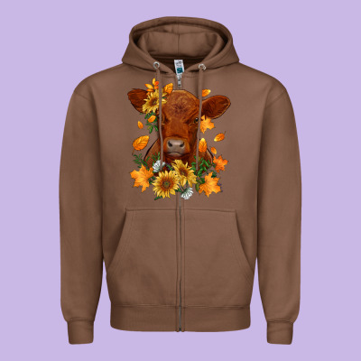 Fall Red Angus Calf Dried Leaves And Sunflowers Zipper Hoodie Designed By Ranaportraitstore