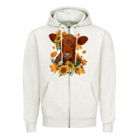 Oatmeal Heather fall red angus calf dried leaves and sunflowers Zipper Hoodie - RanaPortraitStore