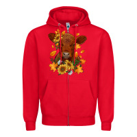 Red fall red angus calf dried leaves and sunflowers Zipper Hoodie - RanaPortraitStore