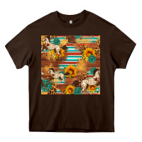 Chocolate Brown Western Horse Sunflowers Gemstone Seamless Pattern Heavy Core Tee - FaDigitalArtStudio