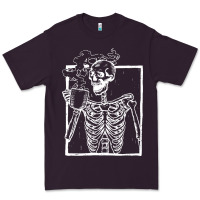 Plum distressed skeleton vintage smiling skull drinking coffee Premium Tee - artisFamous