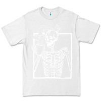 White distressed skeleton vintage smiling skull drinking coffee Premium Tee - artisFamous