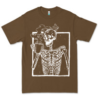 Cacao distressed skeleton vintage smiling skull drinking coffee Premium Tee - artisFamous