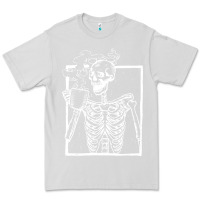 Dove Grey distressed skeleton vintage smiling skull drinking coffee Premium Tee - artisFamous