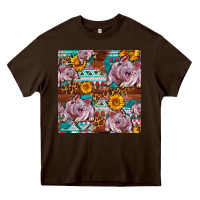 Chocolate Brown Western Landrace Pig With Sunflowers Seamless Heavy Core Tee - FaDigitalArtStudio