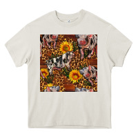 Cream Western Spotted Pig With Sunflowers Seamless Heavy Core Tee - FaDigitalArtStudio