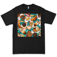 Black bakery coffee cups cookie and donut with turquoise glitter seamless pa Premium Tee - BundleAndBundleShop