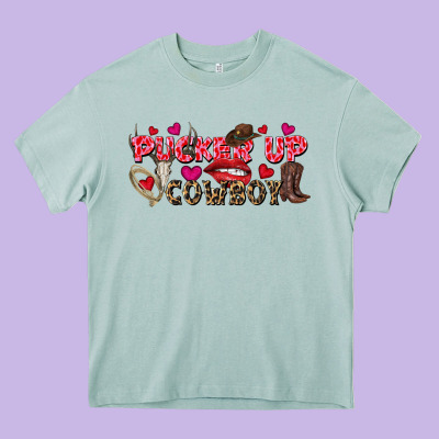 Pucker Up Cowboy Valentine's Day Heavy Core Tee Designed By Fadigitalartstudio