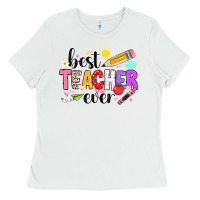 White iBest Teacher Ever Ladies Tee - CowhideDigitalArt