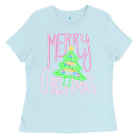 Baby Blue Merry Neon Christmas Ladies Tee - CowhideDigitalArt