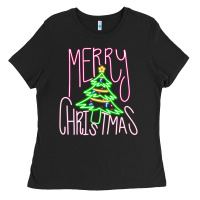 Black Merry Neon Christmas Ladies Tee - CowhideDigitalArt