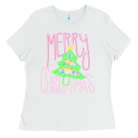 White Merry Neon Christmas Ladies Tee - CowhideDigitalArt
