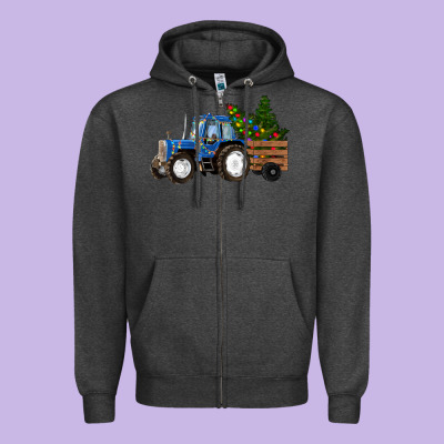 Blue Christmas Tractor Zipper Hoodie Designed By Ranaportraitstore