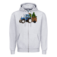 Heather Grey Blue Christmas Tractor Zipper Hoodie - RanaPortraitStore